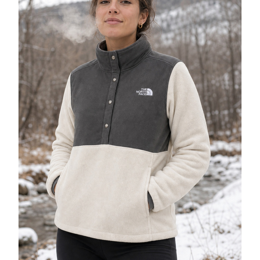 The North Face Women XL Fleece Pullover Cream Olive Colorblock 1/4 Button Jacket